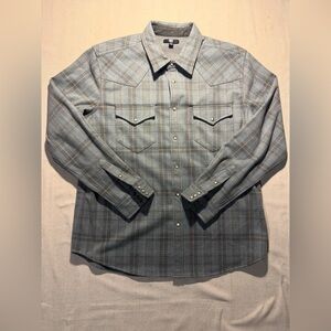 Frye Gray and Tan Plaid Button Down Shirt sz L NWOT